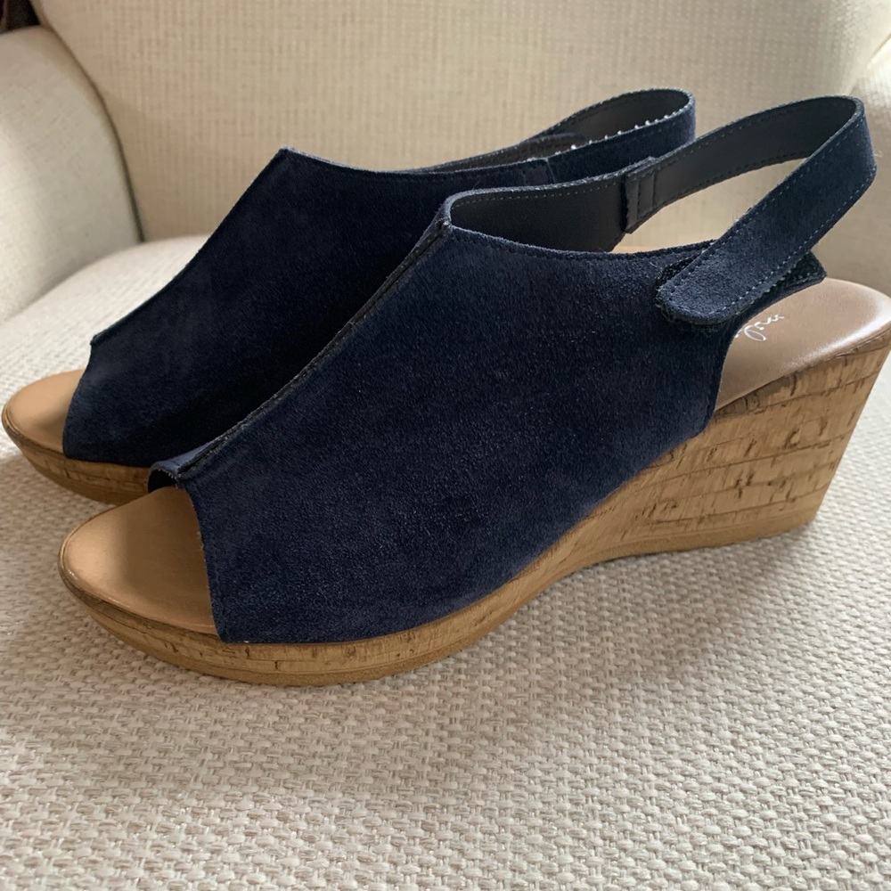 Mila Paoli Italian Blue Suede Wedge Cork Platform Mule Shoes Size 7.5